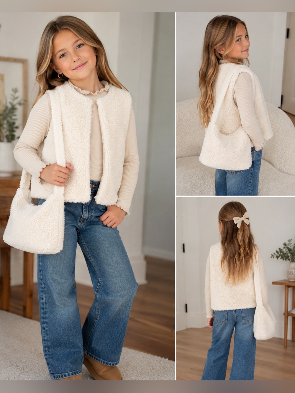 Brand new Cream Sherpa Vest & Bag Set - Cozy Girls' Outfit